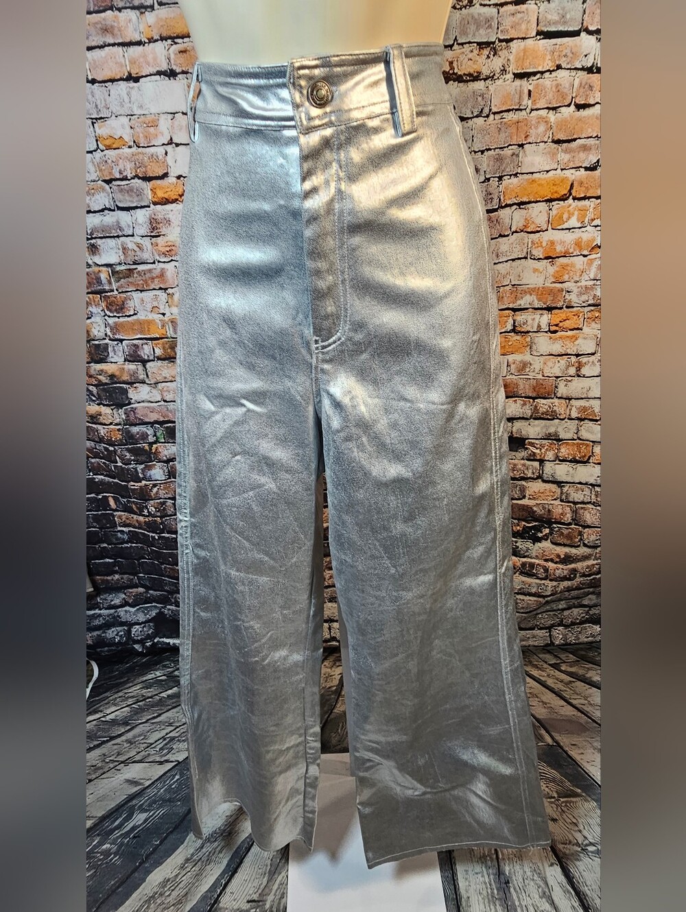 AnnieWear Metallic Silver Wide Leg Pants Sz Small High Rise Statement Festival